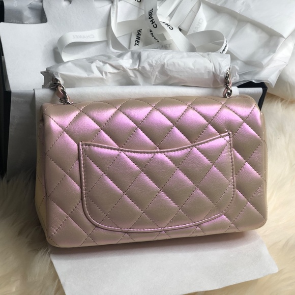❌Sold❌ 21K Chanel Metallic Pink Calfskin Mini Rectangular Crossbody Bag Silver - Picture 3 of 9